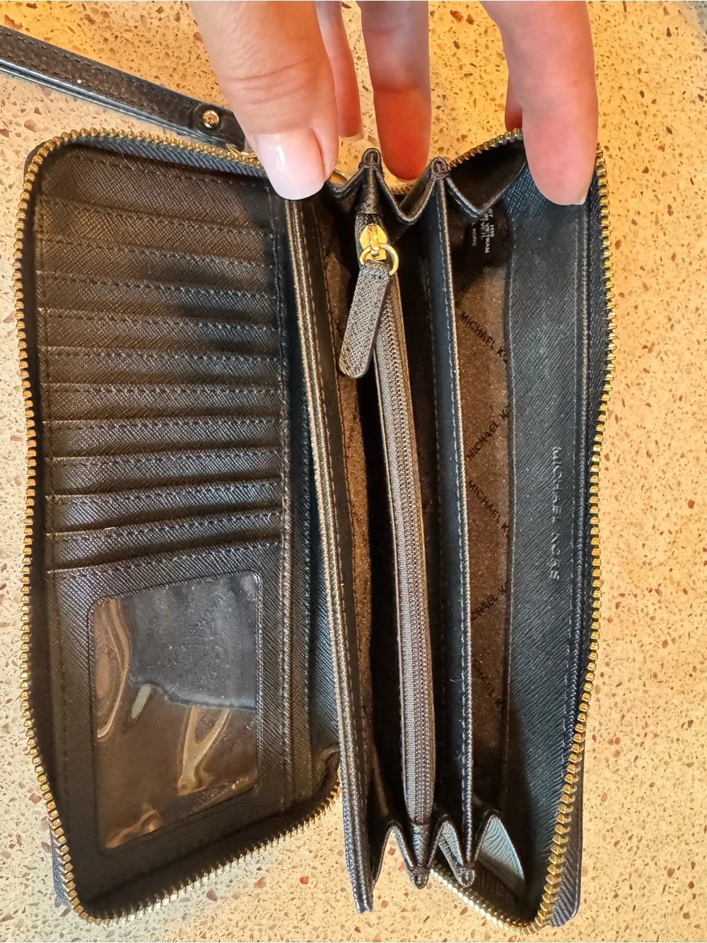 Michael Kors Black Pebbled Leather Wristlet Wallet with Gold Logo